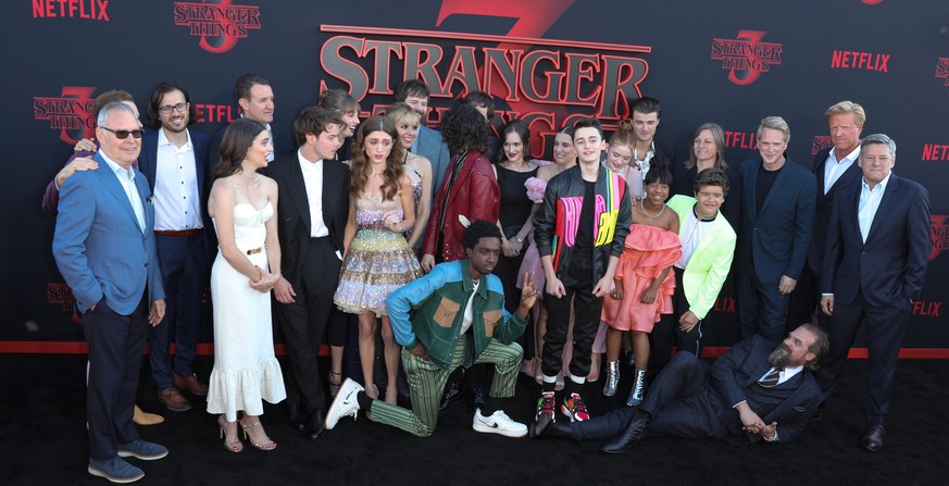 epa07681563 &#039;Stranger Things&#039; cast pose for photos on the red carpet prior to the premiere of &#039;Stranger Things: Season 3&#039; in Santa Monica, California, USA, 28 June 2019. The televi ...