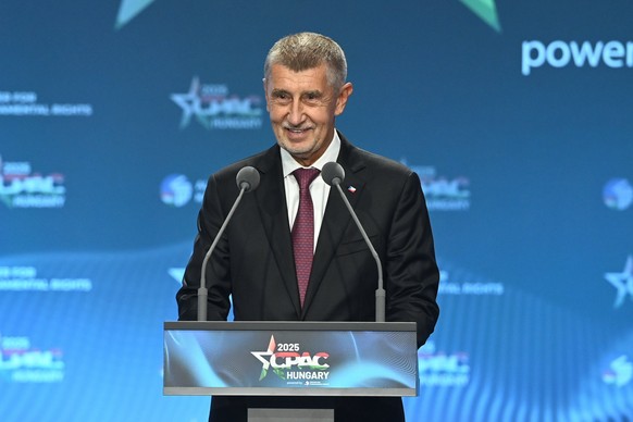 epa12142883 Andrej Babis, former Czech premier and leader of the ANO party, delivers a speech on the first day of the Conservative Political Action Conference (CPAC) Hungary in Budapest, Hungary, 29 M ...