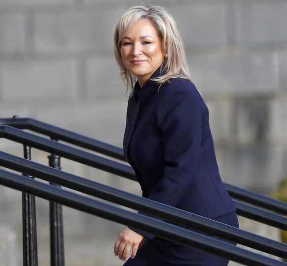 Sinn Fein vice president Michelle O&#039;Neill arrives at Stormont in Belfast, Northern Ireland, Saturday, Feb. 3, 2024. Michelle O&#039;Neill is set to become the first nationalist first minister fol ...