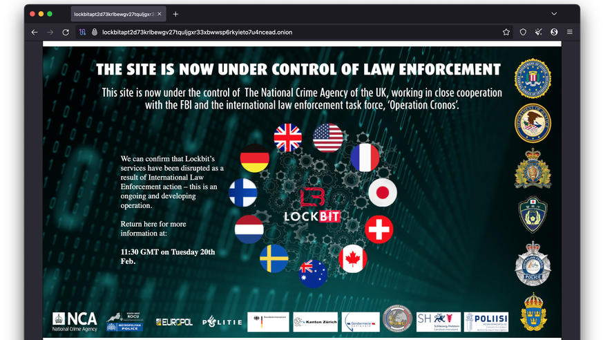 Leak page seized: Announcement from investigating authorities on LockBit ransomware gang's Darknet page (February 20, 2024).