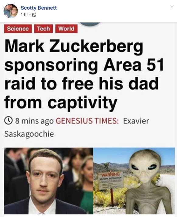 «Mark Zuckerberg sponsert den Sturm auf die Area 51, um seinen Vater aus der Gefangenschaft zu befreien.»