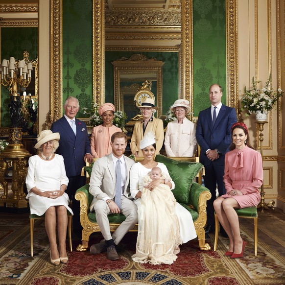 This is the official christening photo released by the Duke and Duchess of Sussex on Saturday, July 6, 2019, showing Britain&#039;s Prince Harry, front row, second left and Meghan, the Duchess of Suss ...