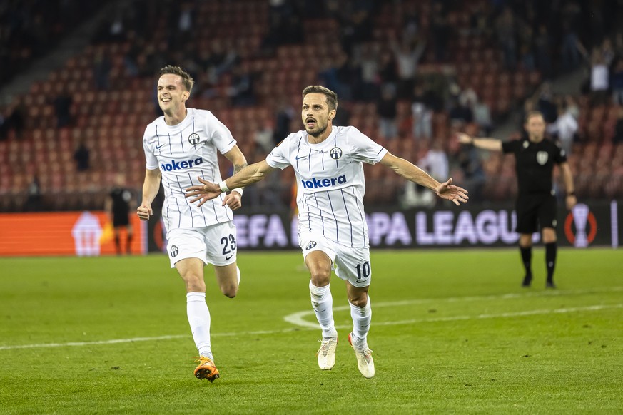 Zurich&#039;s Antonio Marchesano, right, celebrates with Fabian Rohner, left, after scoring his team&#039;s second goal of the match during the UEFA European League Group A soccer match between Switze ...