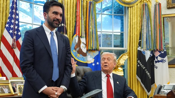 President Donald Trump talks after meeting with New York City Mayor-elect Zohran Mamdani in the Oval Office of the White House, Friday, Nov. 21, 2025, in Washington. (AP Photo/Evan Vucci)
Zohran Mamda ...