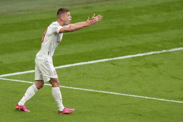 Spain's Dani Olmo reacts during the Euro 2020 soccer championship semifinal between Italy and Spain at Wembley stadium in London, Tuesday, July 6, 2021. (AP Photo/Matt Dunham,Pool)