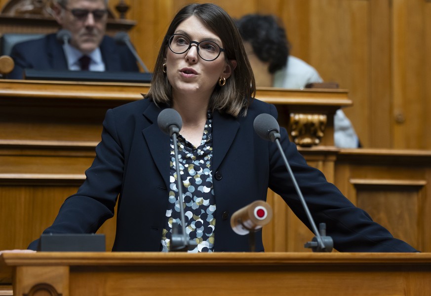 Franziska Ryser, GP-SG, spricht waehrend einer Sondersession des Nationalrats, am Montag, 15. April 2024, im Nationalrat in Bern. (KEYSTONE/Peter Klaunzer)