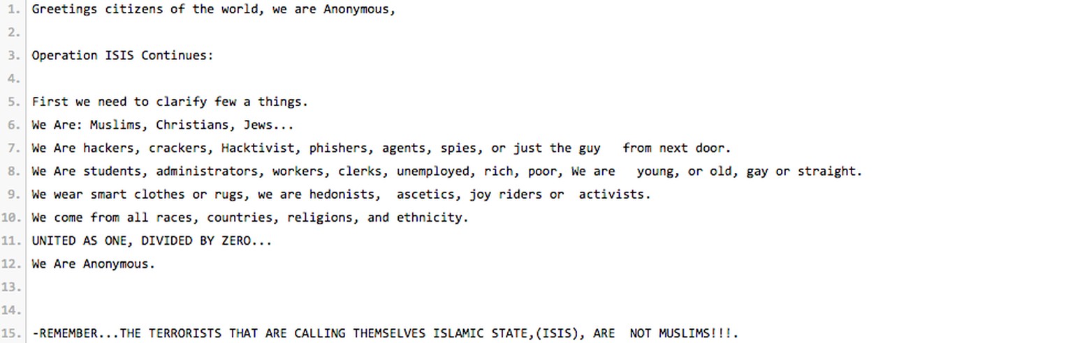 Anonymous' Botschaft an die Bürger dieser Welt. (Handy-Nutzer können das Bild durch Antippen vergrössern.)&nbsp;