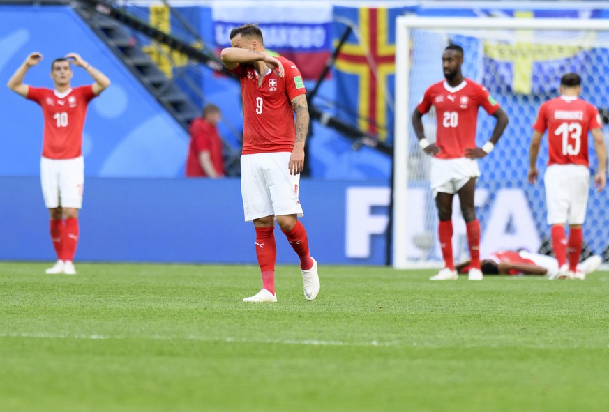 From left, Switzerland&#039;s midfielder Granit Xhaka, Switzerland&#039;s forward Haris Seferovic, Switzerland&#039;s defender Johan Djourou, Switzerland&#039;s defender Manuel Akanji, Switzerland&#03 ...