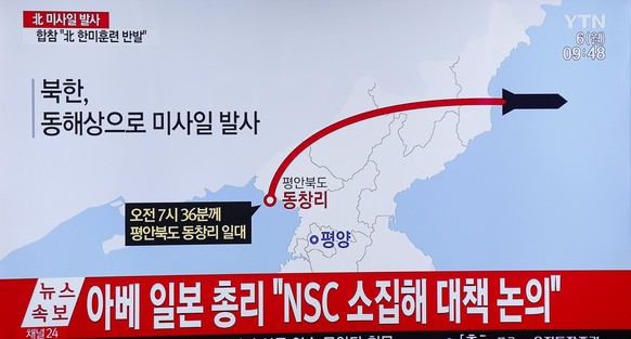 epa05832266 A television displays news broadcast's infographics reporting on North Korea test-firing ballistic missiles, at a station in Seoul, South Korea, 06 March 2017. According to reports quoting ...