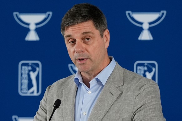 FILE - PGA Tour CEO Brian Rolapp speaks before a practice round of the Tour Championship golf tournament, Wednesday, Aug. 20, 2025, in Atlanta. (AP Photo/Mike Stewart, File)
PGA Tour Rolapp Golf