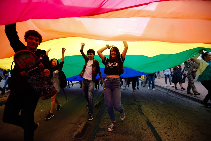 epa06853860 Members of collectives LGBT participate during the Pride parade in Quito, Ecuador, 30 June 2018. Gay parade marches are taking place at different places around the world to promote LGBT ri ...