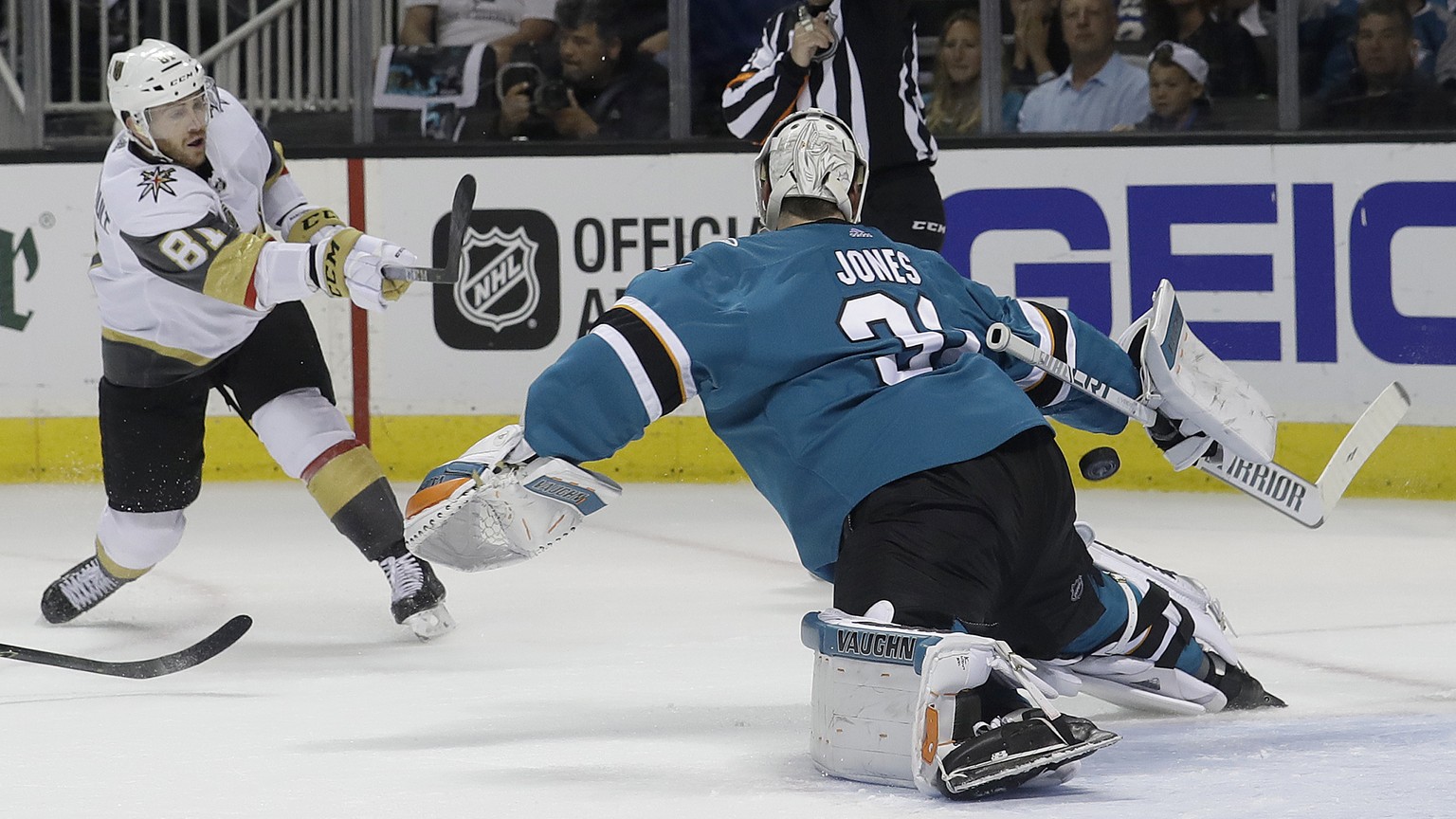 San Jose Sharks goalie Martin Jones (31) defends a shot by Vegas Golden Knights center Jonathan Marchessault (81) during the second period of Game 4 of an NHL hockey second-round playoff series in San ...