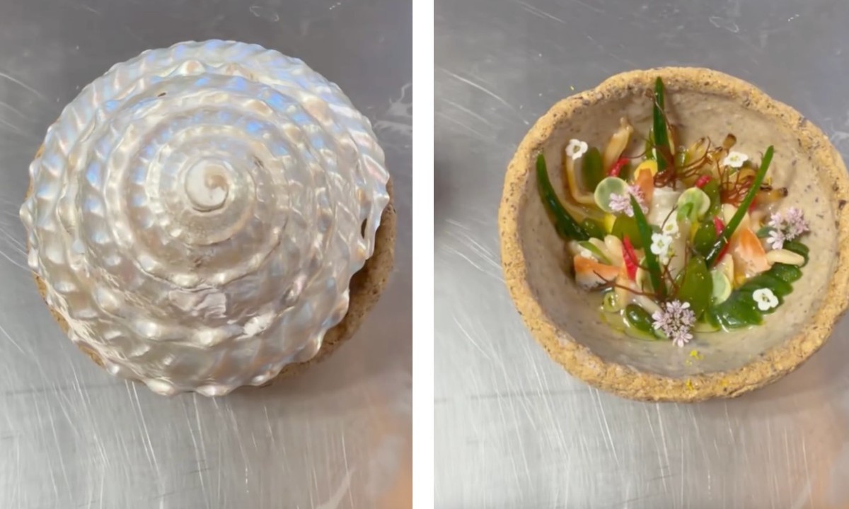 L'un des plats servis au pop-up: un coquillage qui renferme une salade hachée aux palourdes, algues et fruits.