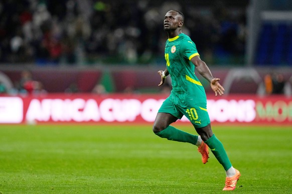 FILE - Senegal's Sadio Mane celebrates after scoring his side's opening goal during the Africa Cup of Nations semifinal soccer match between Senegal and Egypt, in Tangier, Morocco, Wednesday ...
