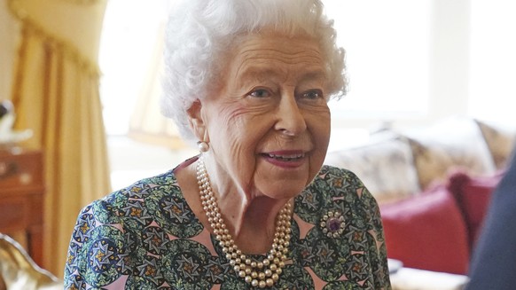 Queen Elizabeth II speaks during an audience at Windsor Castle where she met the incoming and outgoing Defence Service Secretaries, Wednesday Feb. 16, 2022. (Steve Parsons, Pool via AP)