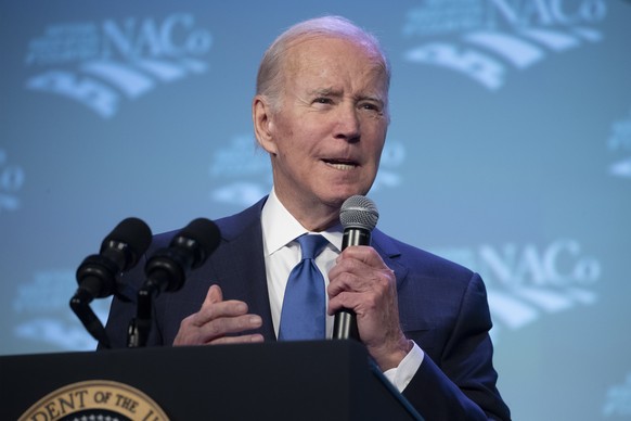 epa10467106 US President Joe Biden speaks at the National Association of Counties (NACo) 2023 Legislative Conference in Washington, DC, 14 February 2023. Biden outlined his vision for the economy and  ...