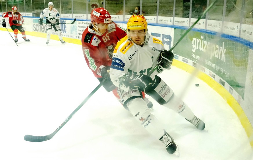 IMAGO / Sergio Brunetti

2.11.2021 - Swiss Ice hockey, Eishockey Swiss League, EHC Winterthur vs EHC Olten - Olten forward, captain and top scorer 19 Dion Knelsen and Winterthur forward 88 Robin Lekic ...