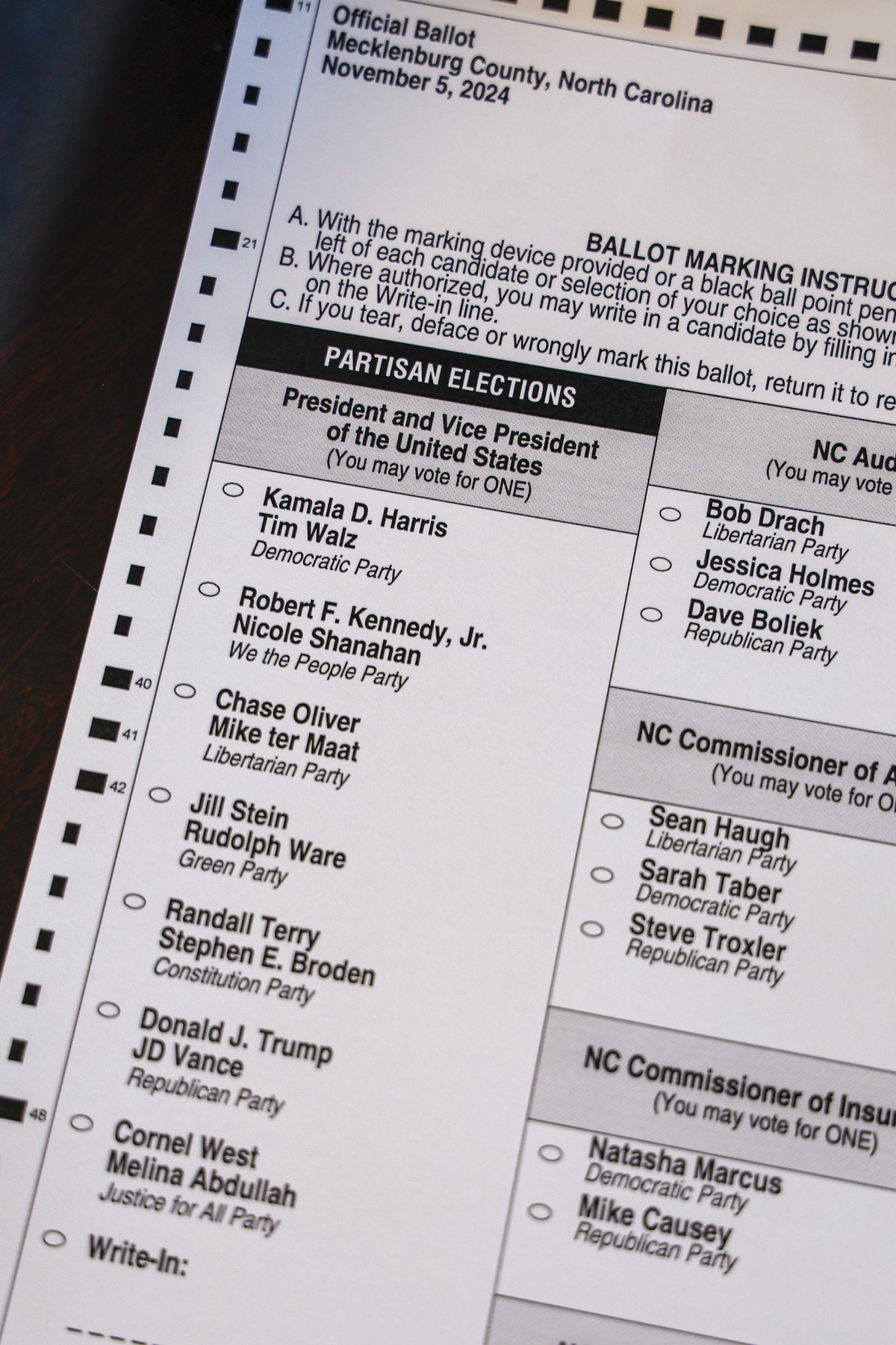 A ballot at the Mecklenburg County Board of Elections in Charlotte, N.C., Thursday, Sept. 5, 2024. (AP Photo/Nell Redmond)