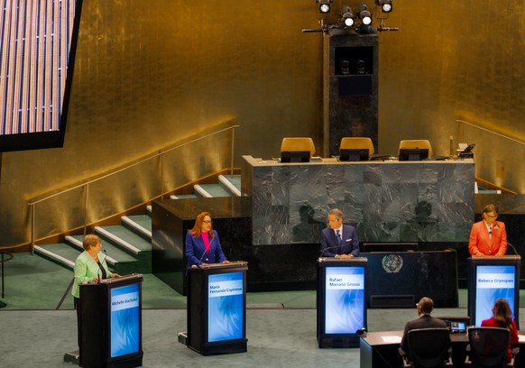 epa13129173 Maria Fernanda Espinosa Garces, former President of the UN General Assembly and Foreign Minister of Ecuador, is shown on the screen during the 'UN Town Hall: The Next Secretary-Genera ...