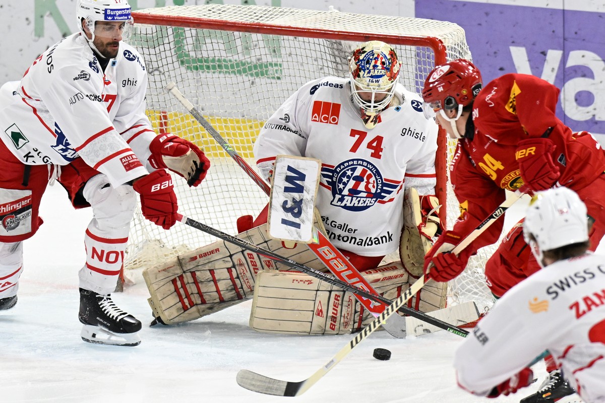 Tigers Patrick Petrini, rechts, im Kampf um den Puck gegen Rapperswils Igor Jelovac, links, und Goalie Ivars Punnenovs, Mitte, beim Eishockey-Qualifikationsspiel der National League, zwischen den SCL  ...