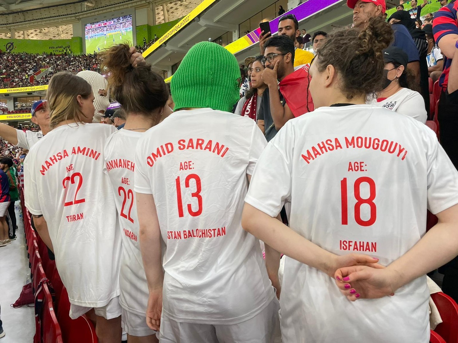 A group of young women wearing colorful balaclavas who identified themselves as members of the Pussy Riot collective in the stands during the World Cup group B soccer match between Iran and the United ...