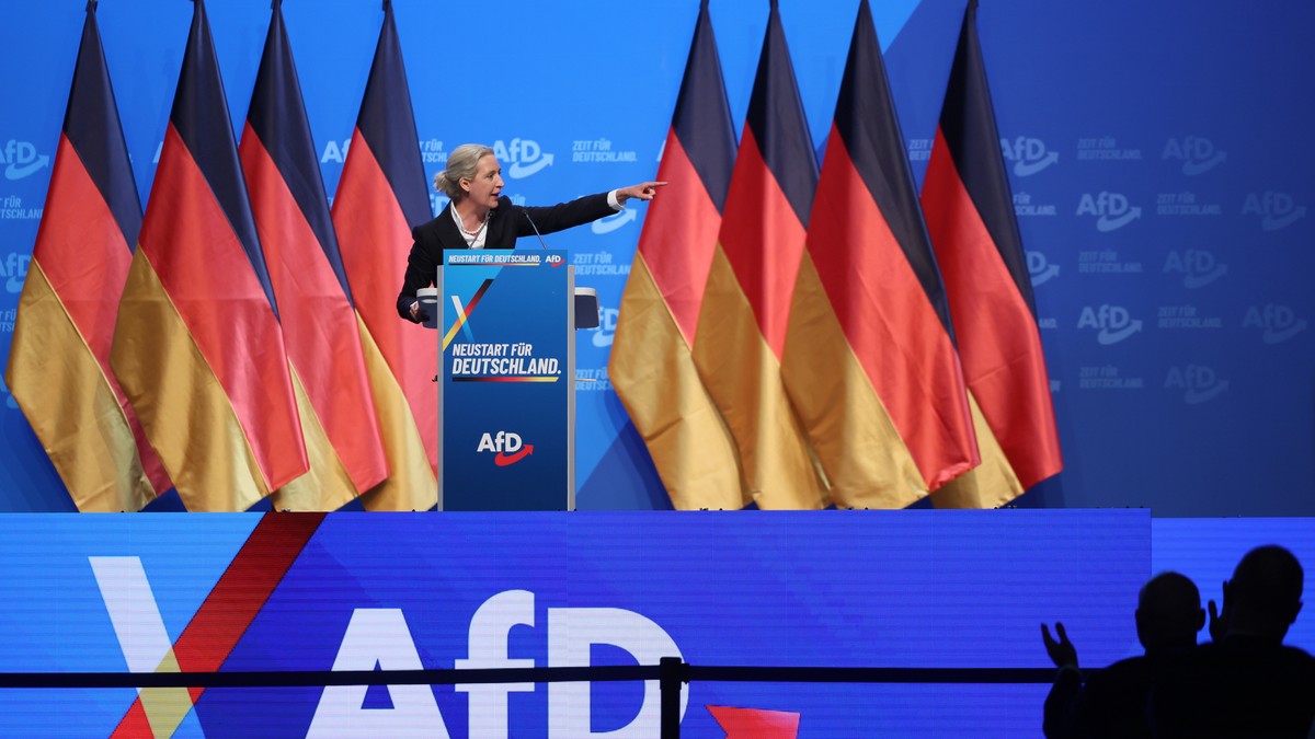 epa13085586 Alternative for Germany (AfD) party and faction co-chairwoman Alice Weidel delivers a speech during the AfD federal party congress in Erfurt, Germany, 04 July 2026. Thousands of counter-pr ...