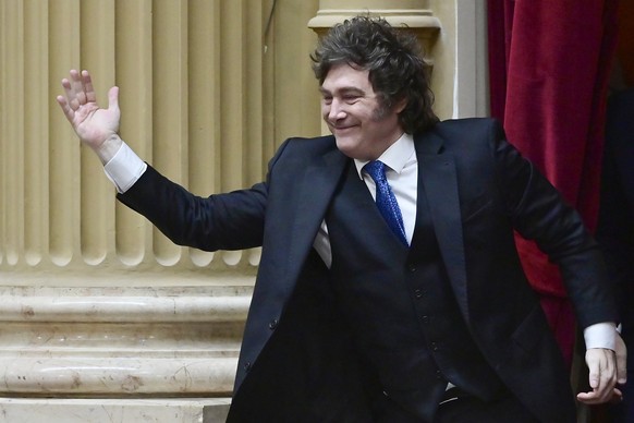 epaselect epa12922196 Argentine President Javier Milei reacts in the Chamber of Deputies during Chief of Staff Manuel Adorni?s annual report in Buenos Aires, Argentina, 29 April 2026. EPA/MATIAS MARTI ...