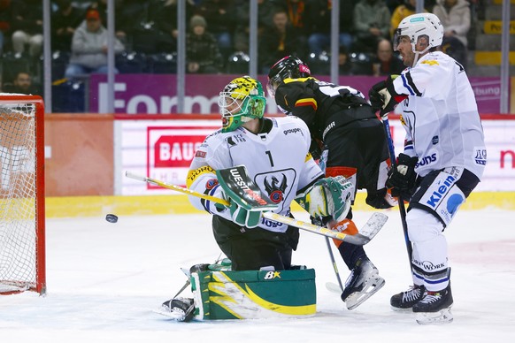 Der Puck prallt von der Latte ab, neben Torhueter Loic Galley (HCFG), Thierry Schild (SCB) und Raphael Diaz (HCFG), von links, im Eishockey Meisterschaftsspiel der National League zwischen dem SC Bern ...