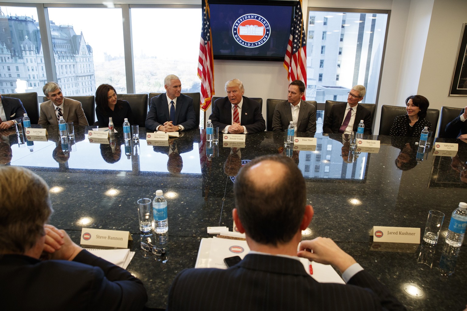 President-elect Donald Trump speaks during a meeting with technology industry leaders at Trump Tower in New York, Wednesday, Dec. 14, 2016. From left are, Alphabet CEO Larry Page, Facebook COO Sheryl  ...