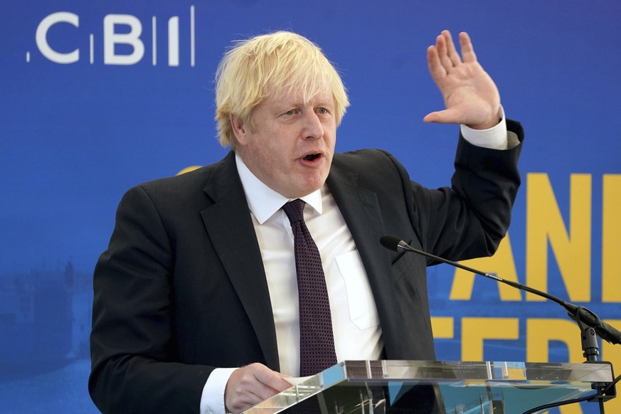Prime Minister Boris Johnson speaks during the CBI (Confederation of British Industry) annual conference, at the Port of Tyne, in South Shields, England, Monday Nov. 22, 2021. (Owen Humphreys/Pool Pho ...
