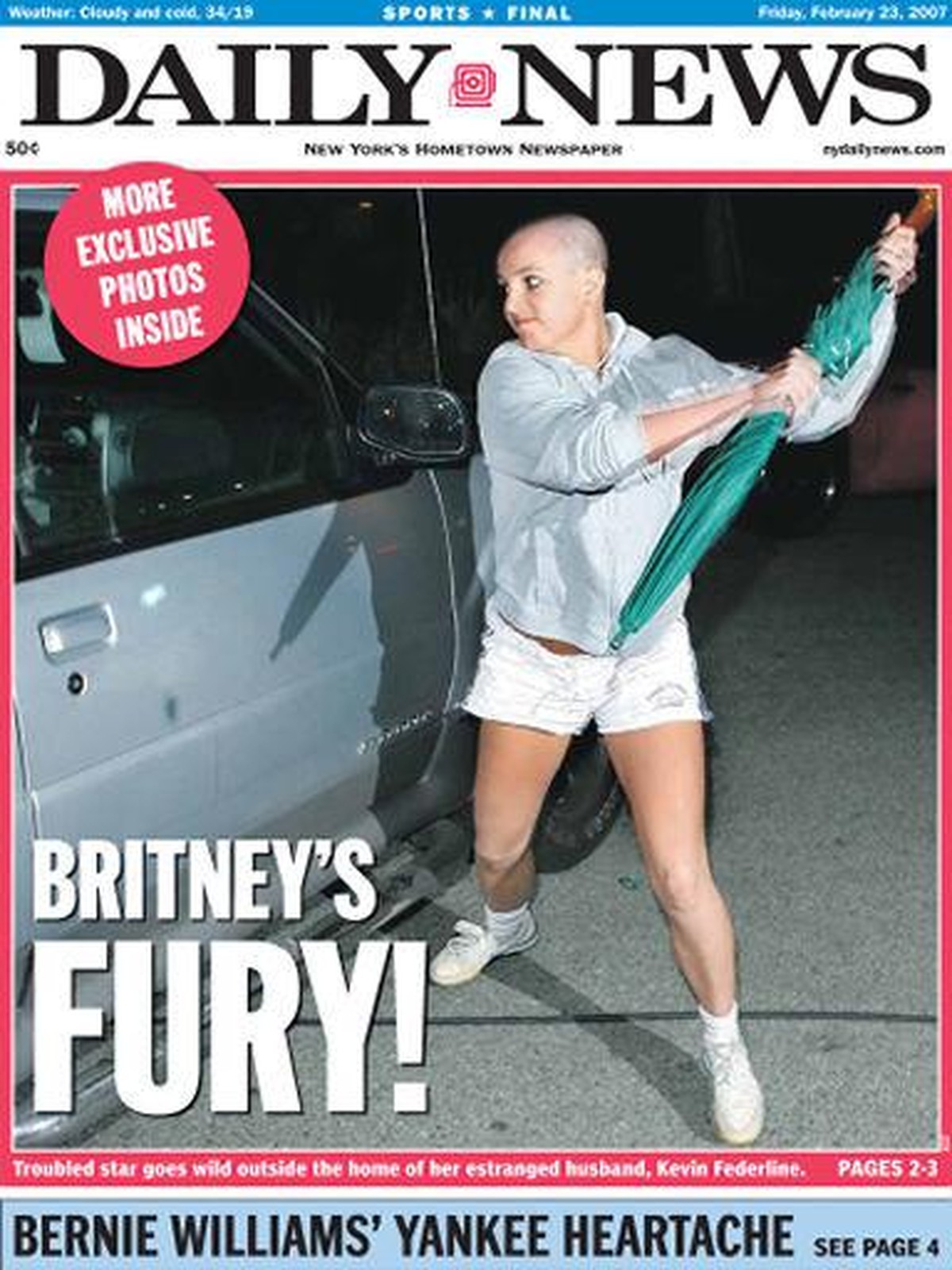 New York Daily News front page February 23, 2007 BRITNEY'S FURY!
Britney Spears Attacks car with umbrella. (NY Daily News via Getty Images)
