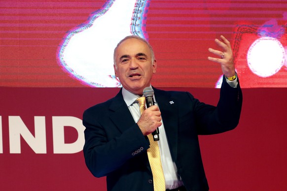 epa10610905 Chess Grandmaster, Russian Garry Kasparov, delivers his speech during the opening ceremony for the Grand Chess Tour 2023 - Superbet Chess Classic Romania, in Bucharest, Romania, 05 May 202 ...