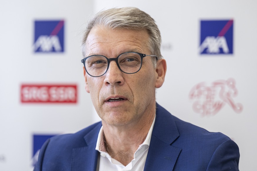 Peter Knaebel, Praesident, vom Schweizerischen Fussballverband SFV, spricht an einer Medienkonferenz zur Neuausrichtung der Organisationsstruktur der AXA Womens Super League, am Montag, 18. Mai 2026, ...