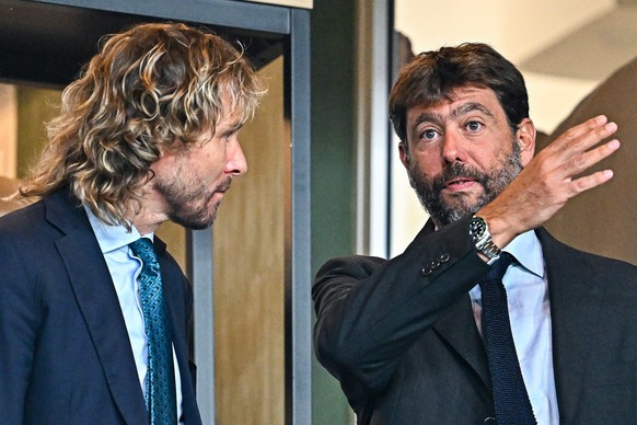 epa10133895 Juventus' vice president Pavel Nedved (L) and Juventus' chairman Andrea Agnelli prior to the Italian Serie A soccer match between UC Sampdoria and Juventus FC at Luigi Ferraris stadium in  ...