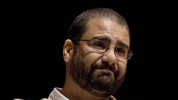 FILE - Egypt&#039;s leading pro-democracy activist Alaa Abdel-Fattah speaks during a conference at the American University in Cairo, Egypt, on Sept. 22, 2014. Egyptian prison authorities have interven ...