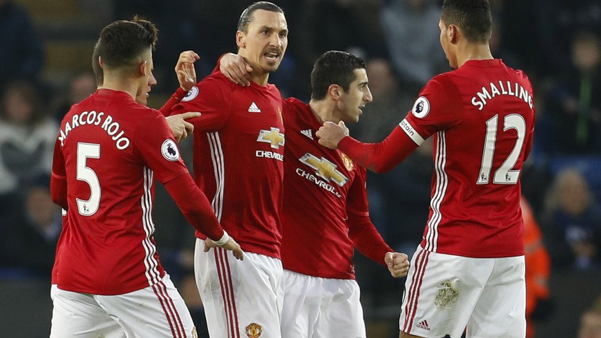 Britain Soccer Football - Leicester City v Manchester United - Premier League - King Power Stadium - 5/2/17 Manchester United&#039;s Zlatan Ibrahimovic celebrates scoring their second goal with teamma ...