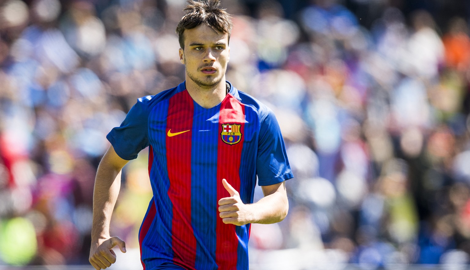 Barcelona&#039;s Jeremy Guillemenot from Switzerland, reacts during the UEFA Youth League semi-final match between FC Barcelona from Spain and FC Salzburg from Austria, at the stadium Colovray Sports  ...