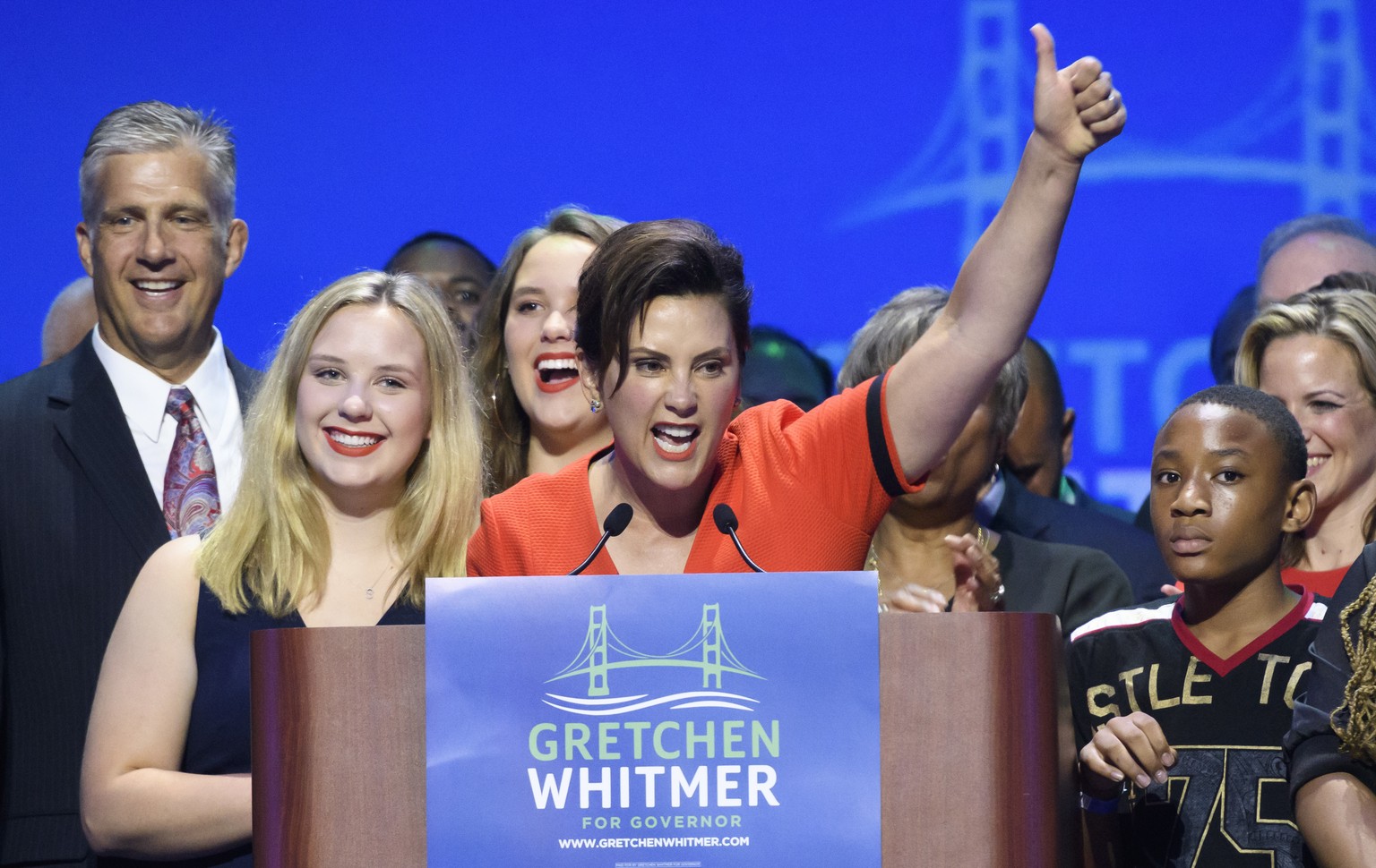 Michigan gubernatorial candidate Gretchen Whitmer gives her acceptance speech after winning the Democratic primary during her election night party at the Sound Board at Motor City Casino, in Detroit,  ...