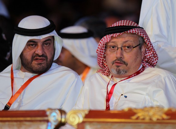 epa12419246 (FILE) - Saudi journalist and former editor-in-chief of the Saudi newspaper Al-Watan Jamal Khashoggi (R) attends the the opening ceremony of 11th edition of Arab Media Forum 2012 in Dubai, ...