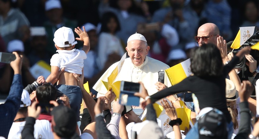 epa07344804 Pope Francis, head of Catholic Church, arrives to lead a Pope Francis Papal mass at Zayed Sports City, United Arab Emirates, 05 February 2019. Pope Francis is on three-day visit to the UAE ...