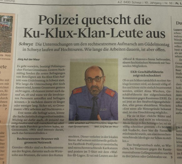 Nach Fasnachts-Auftritt als Ku-Klux-Klan: 12 Personen einvernommen
In eine Bote der Urschweiz Artikel von dieser Woche wurden jedoch klare Verbindungen zur rechtsextremen Szene genannt...: