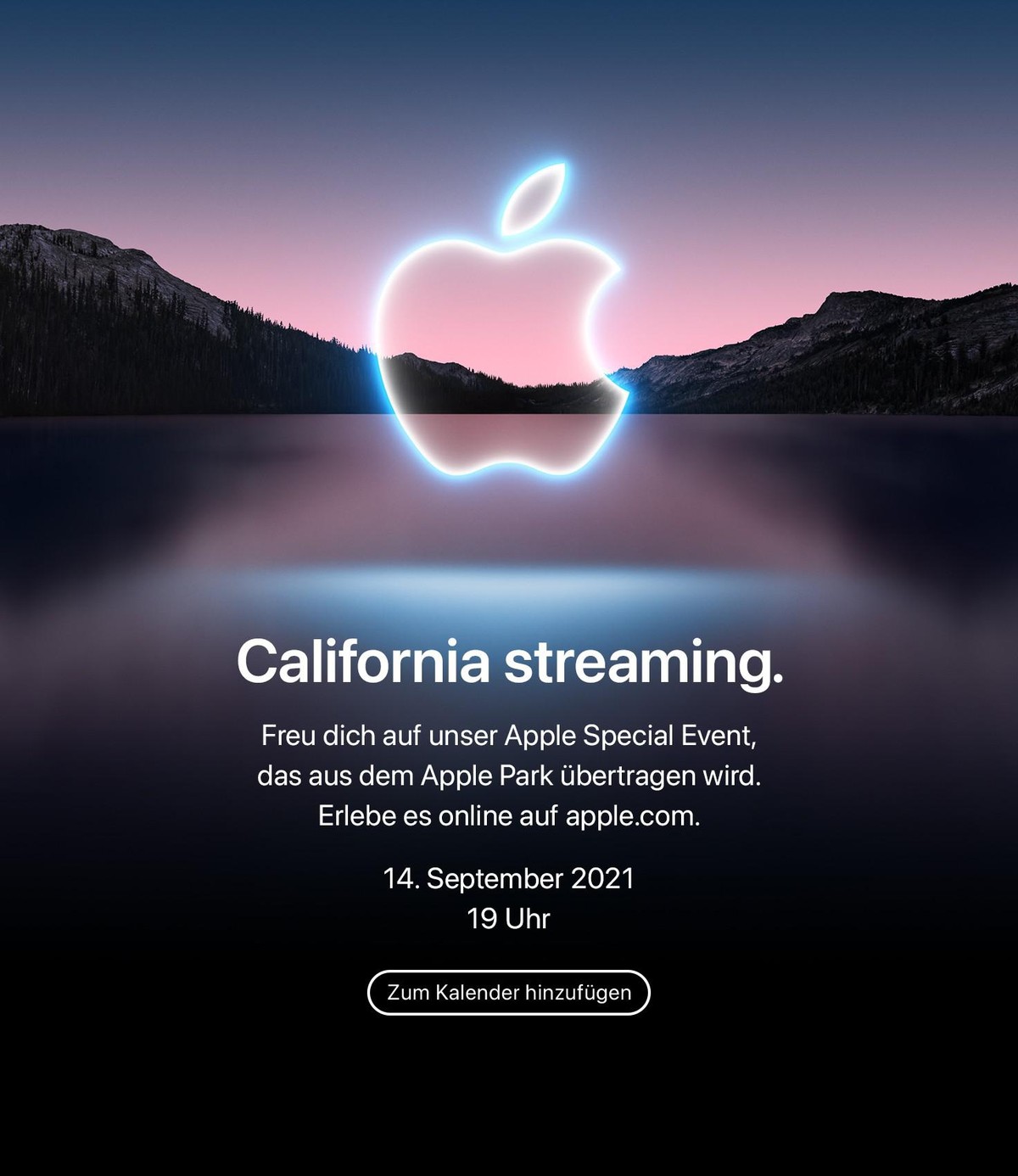 Auf der Einladung prangt ein leuchtendes Apple-Logo in einer kalifornischen See- und Hügellandschaft.