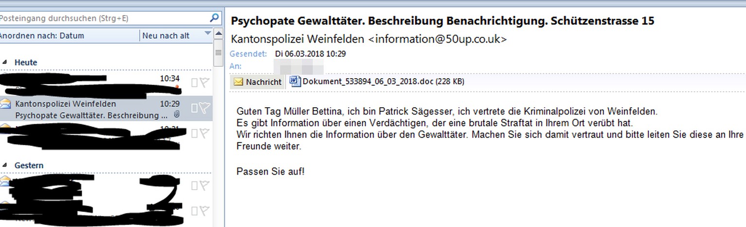 So sehen die persönlich adressierten Spam-Mails aus. Wer die angehängte Word- oder Zip-Datei öffnet, fängt sich einen E-Banking-Trojaner ein.