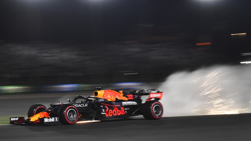 epa09592141 Dutch Formula One driver Max Verstappen of Red Bull Racing in action during the second practice session for the 2021 Formula One Grand Prix of Qatar at the Losail International Circuit in  ...
