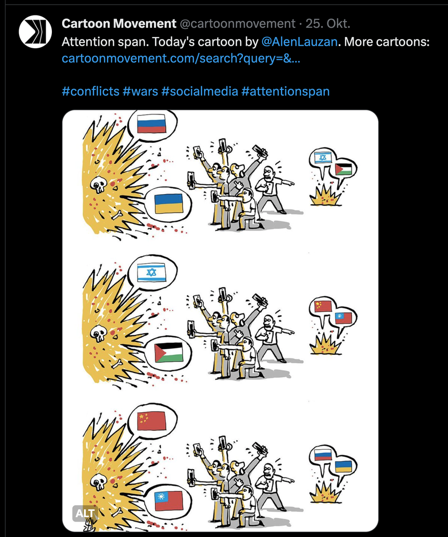 Karikatur zu Ukraine-Krieg und Gaza-Krieg.