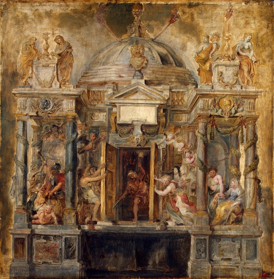 Der Janustempel in der Umsetzung von Peter Paul Rubens, 1635. Laut dem durch Vergil und Ennius überlieferten Mythos wurden in ihm Wut und Zwietracht festgehalten. Rubens hat rechts eine verzweifelte F ...