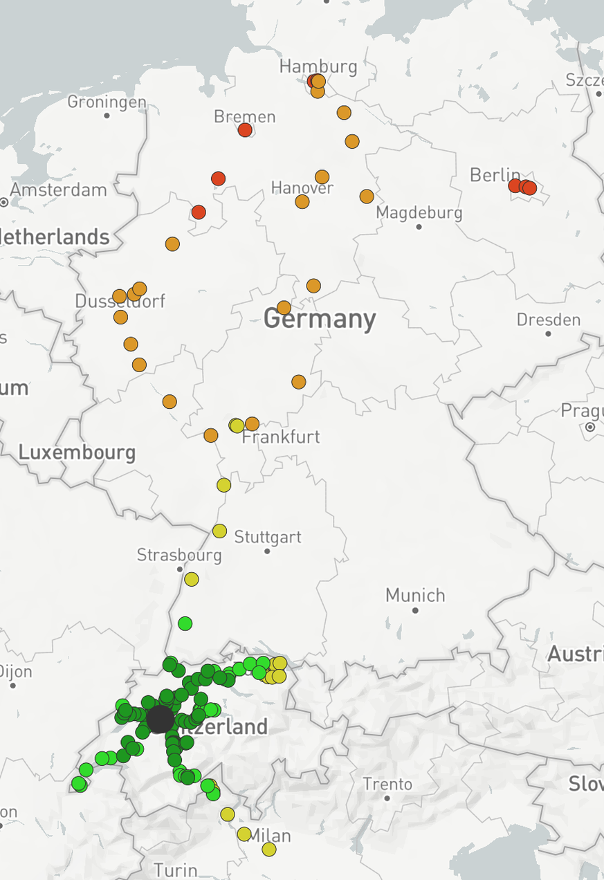 Screenshot direkte Zugverbindungen von Schweizer Bahnhöfen