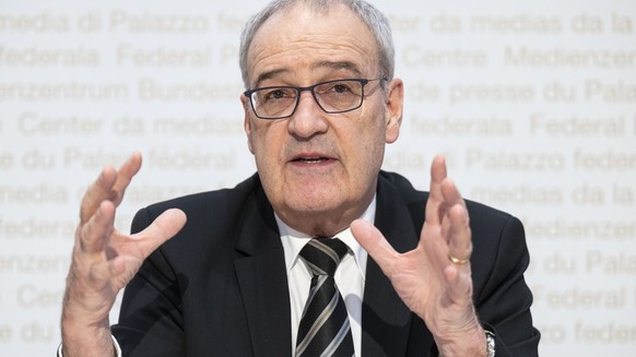 Bundespraesident Guy Parmelin spricht an einer Medienkoferenz zur Agrarpolitik 2030+ (AP30+), am Mittwoch, 18. Februar 2026, in Bern. (KEYSTONE/Peter Schneider)
