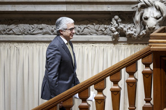 epa11247052 The new President of the Portuguese Parliament, Jose Pedro Aguiar Branco, walks up a staircase after being elected during the fourth ballot for the presidency of the parliament in Lisbon,  ...