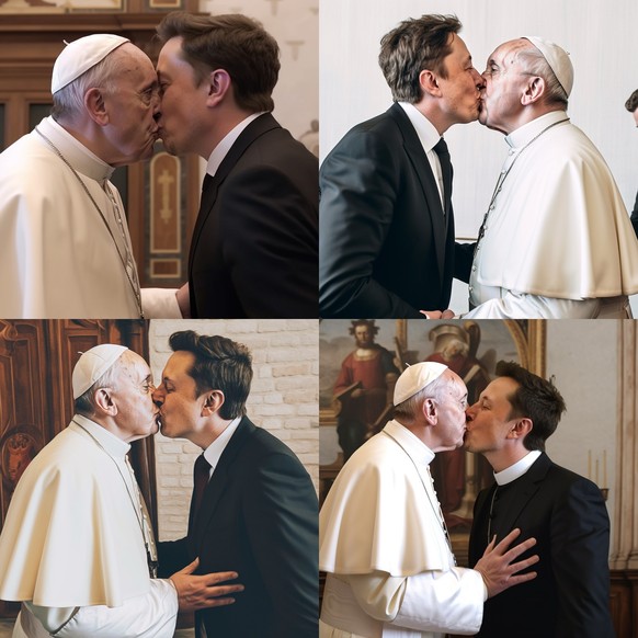 KI-generiertes Fake-Bild, das zeigt, wie sich der Papst und Elon Musk auf den Mund küssen. Erstellt mit Midjourney V5.